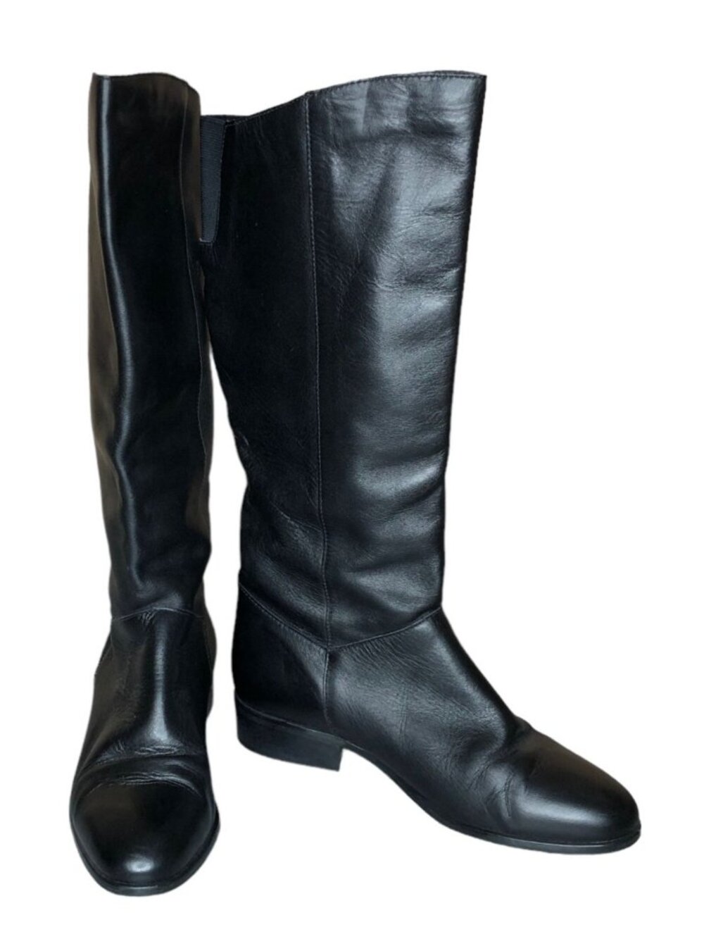 Leather Boots Black Womens 7M J C Penny Pull On Almond Toe Block Heel Mid Calf